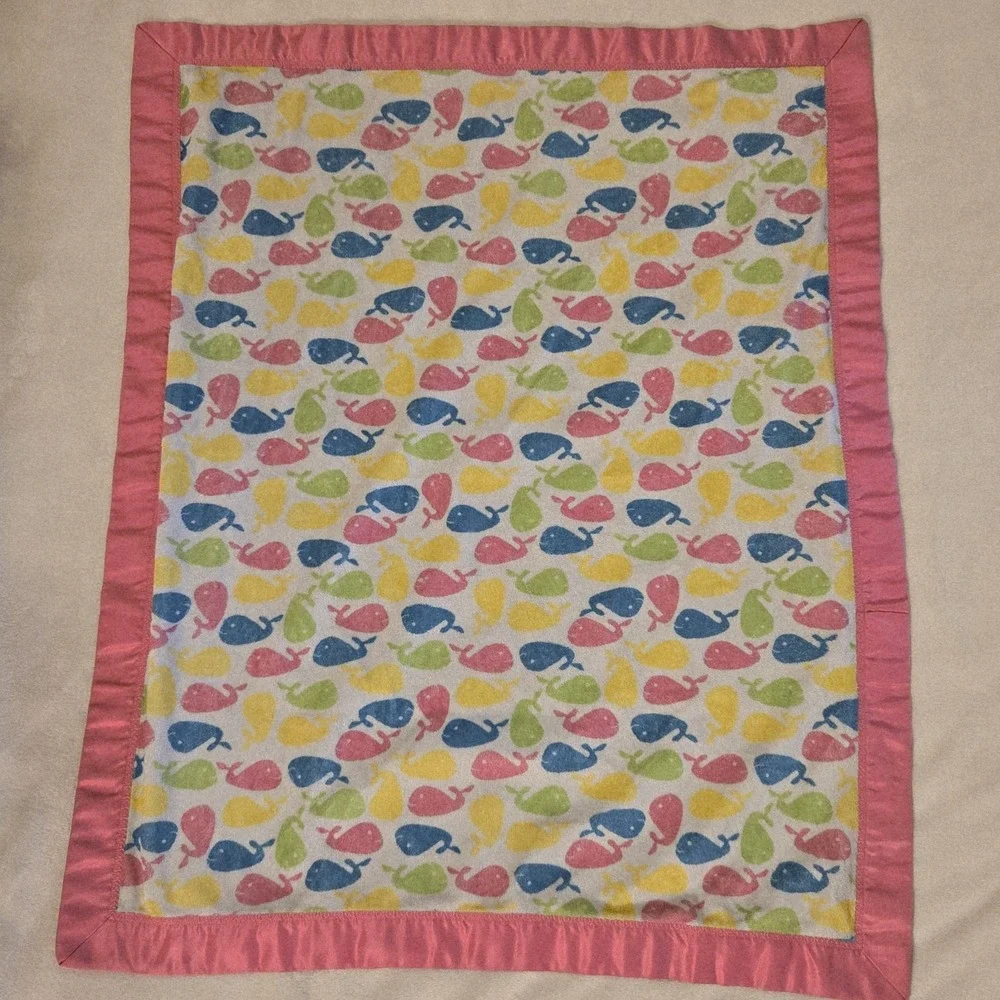 Handmade Whale Baby Blanket Satin Back Fleece Pink Green Security Blanket 28x35